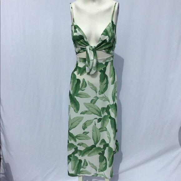 Show Me Your MuMu Green Floral Moby Front Tie Midi Dress Size X-Small - Picture 2 of 7